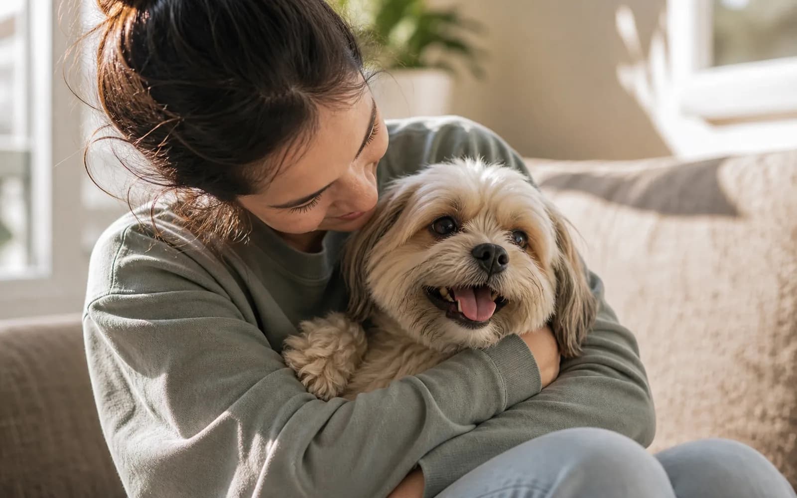 Momento cálido y auténtico entre una persona y su mascota