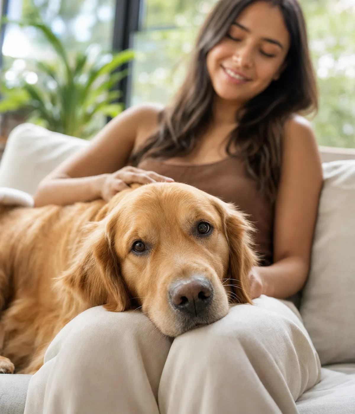 Persona sonriente abrazando a su perro en casa mientras revisa la app de Vetyra en el teléfono