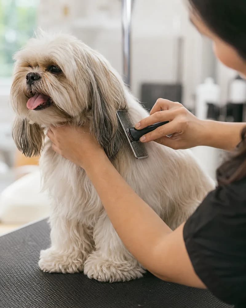 Groomer bañando y arreglando a un perro