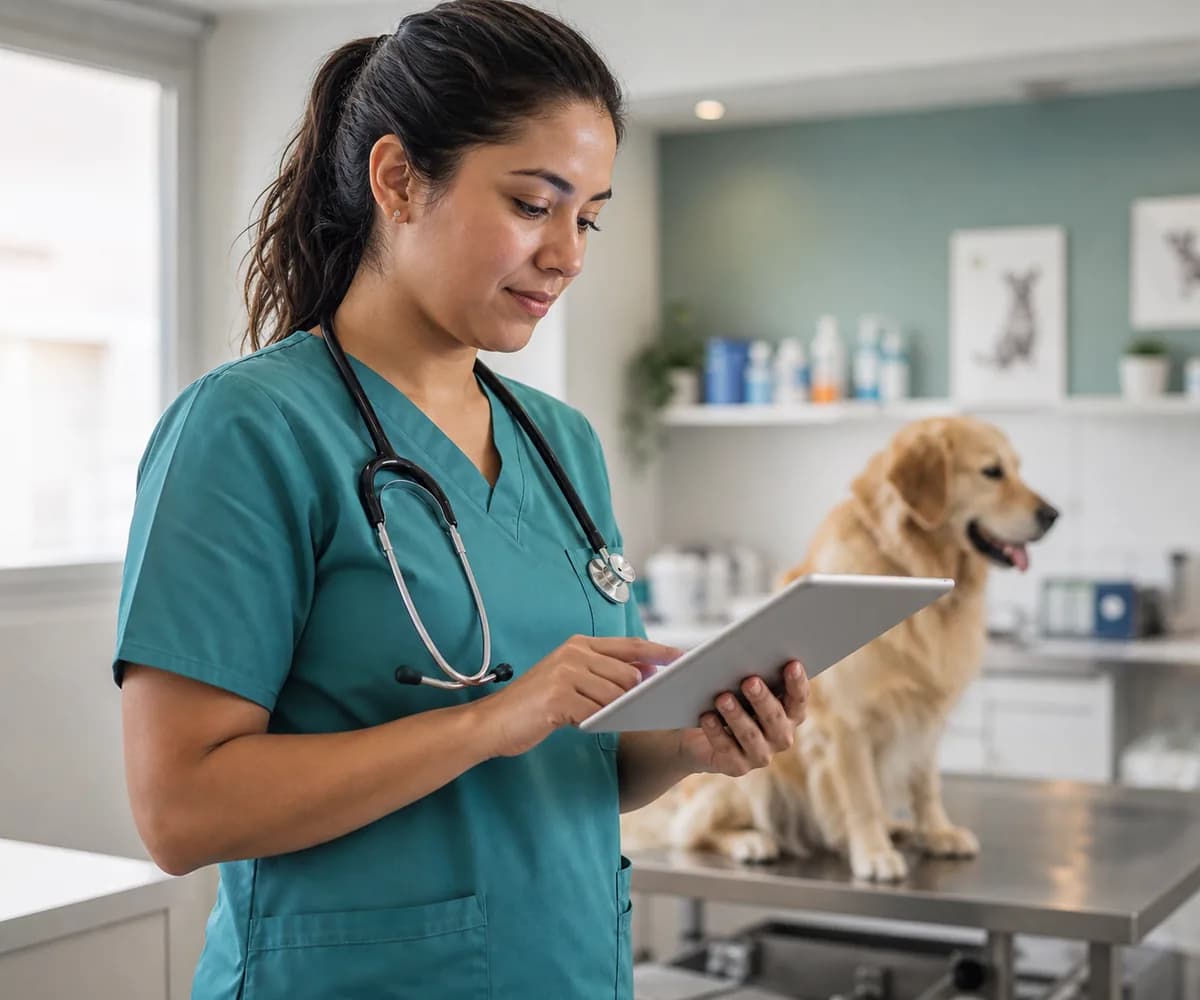 Veterinario usando una tablet con el portal clínico de Vetyra